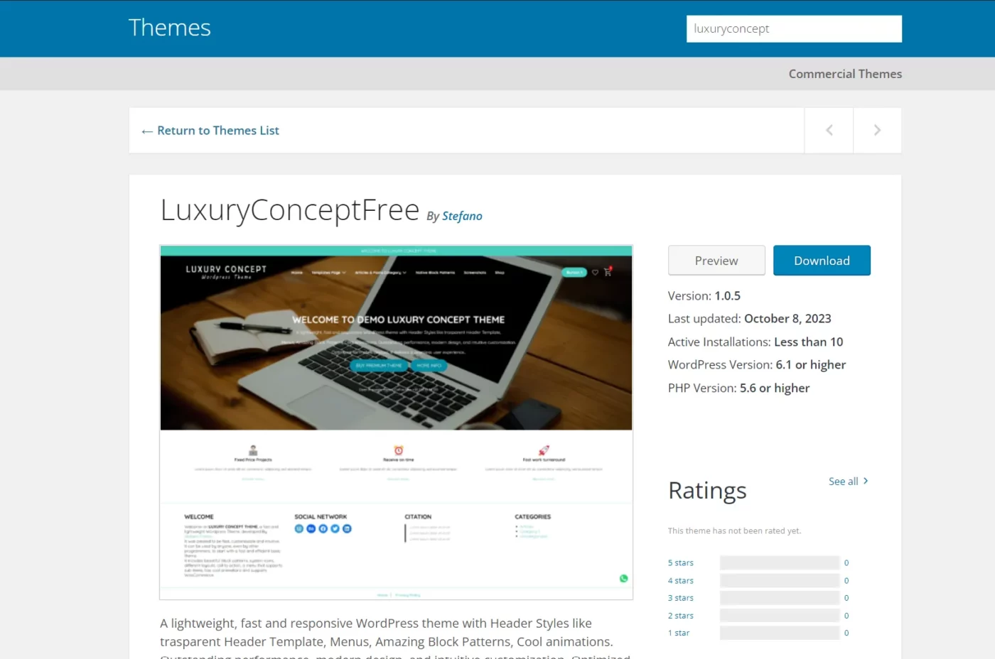 Luxury Concept Free version on WordPress marketplace